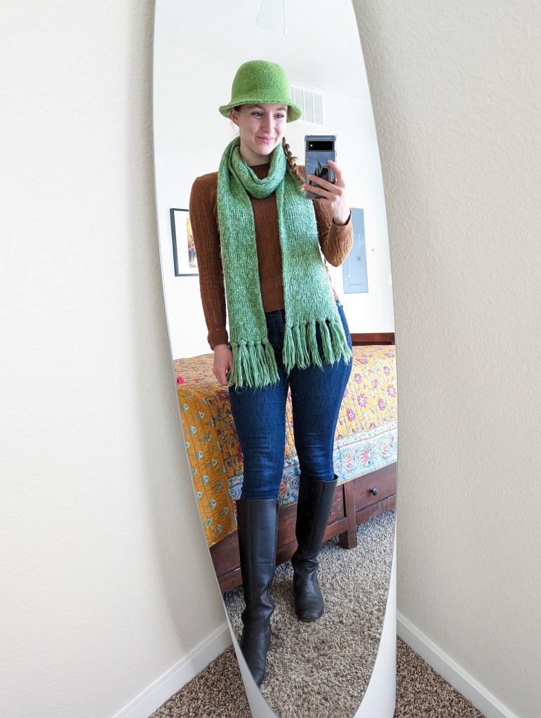 green-scarf-felt-hat-brown-sweater-banana-republic-skinny-jeans-black-knee-boots