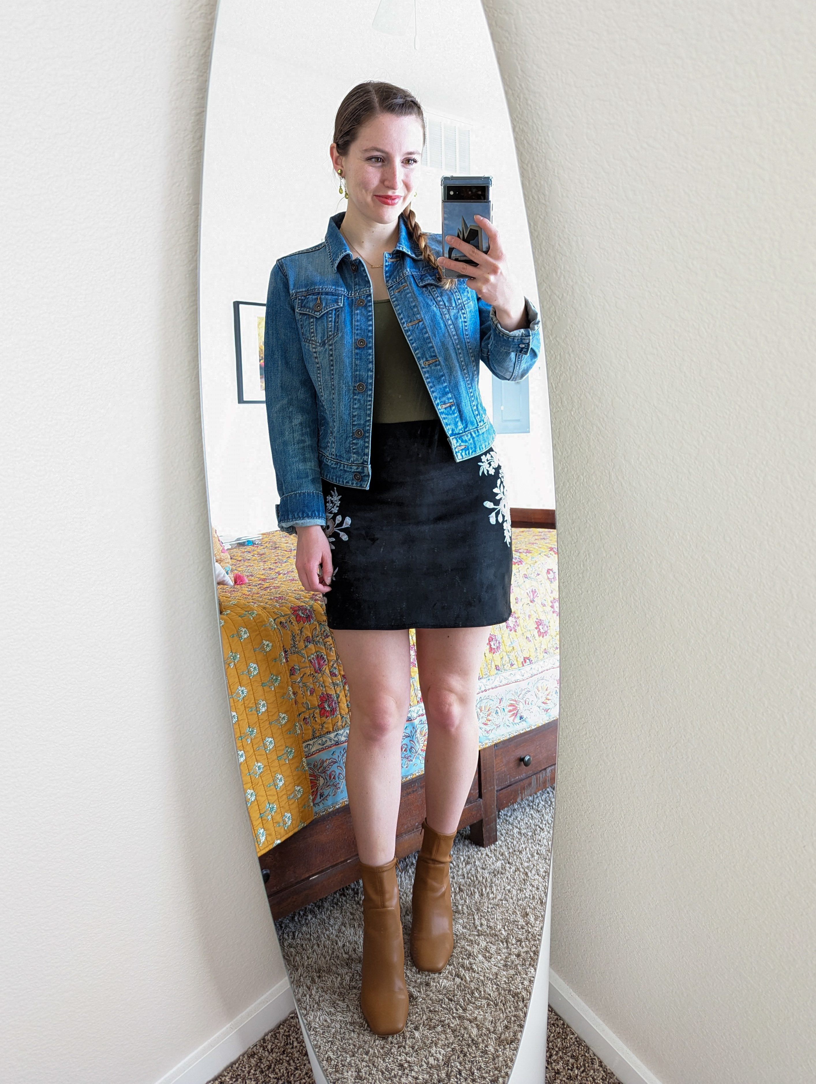 black-suede-skirt-embroidered-olive-green-bodysuit-denim-jacket