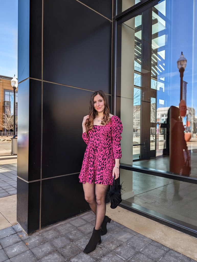 vivaia-booties-feather-purse-pink-leopard-dress-wish-boutique-denver