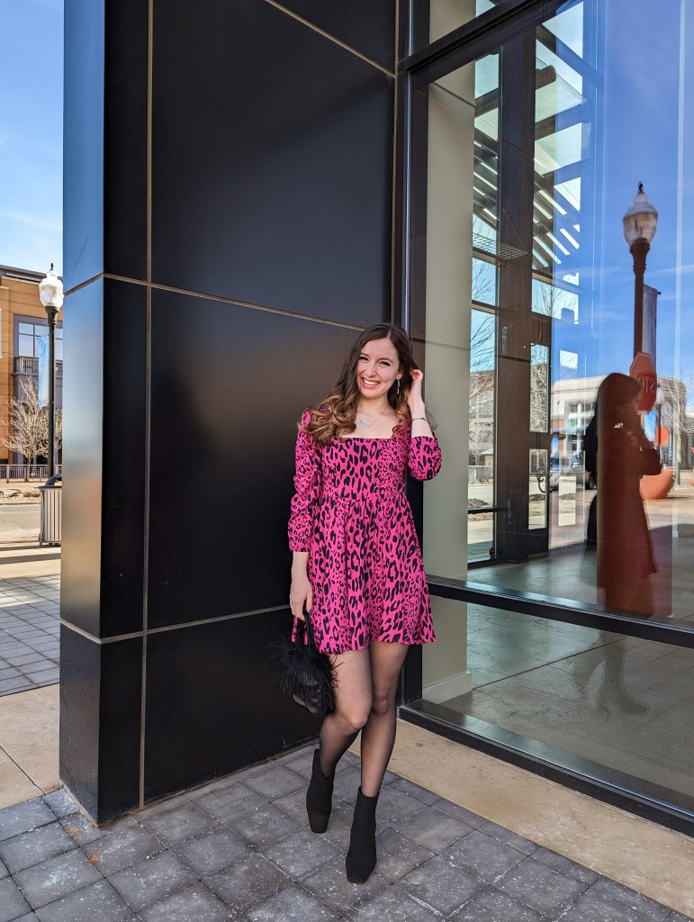 date-night-outfit-valentines-day-hot-pink-dress-sheer-tights-black-booties