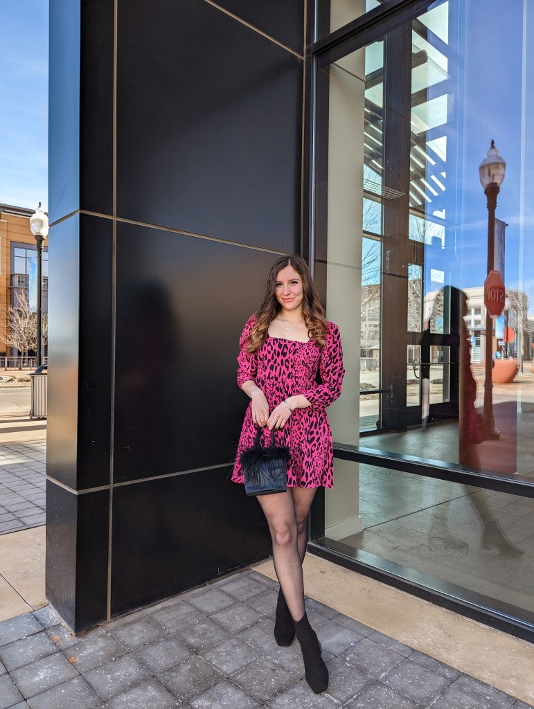 black-vivaia-booties-pink-leopard-dress-sheer-tights-feather-purse