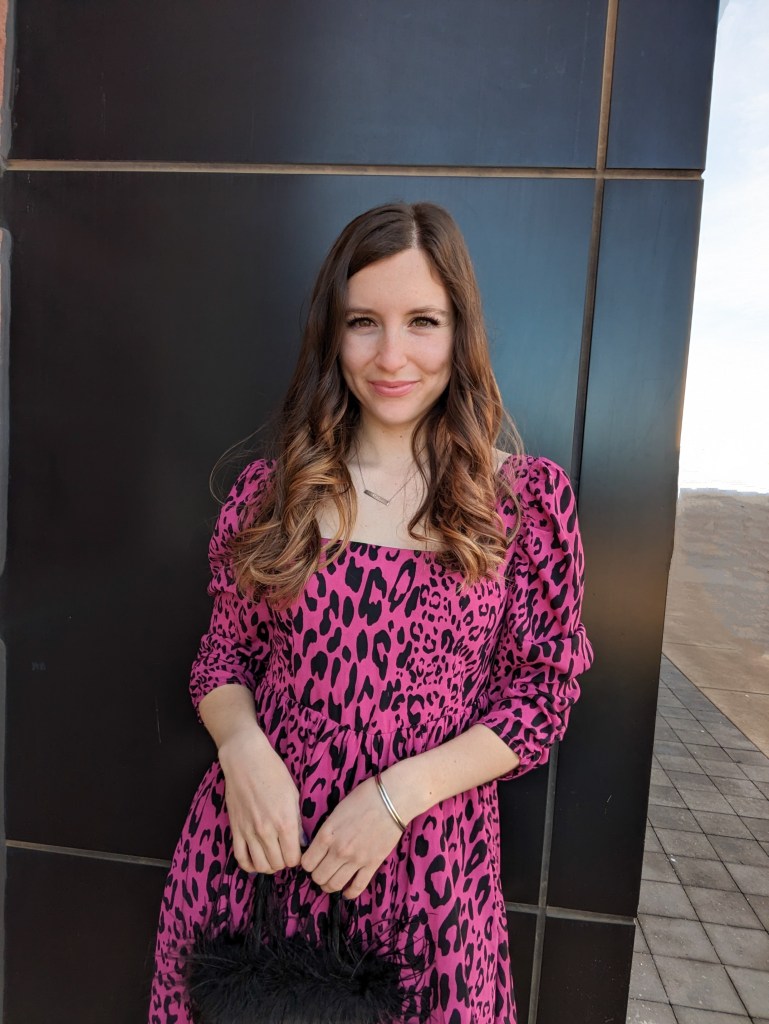 pink-leopard-dress-wish-boutique-denver-black-feathery-purse