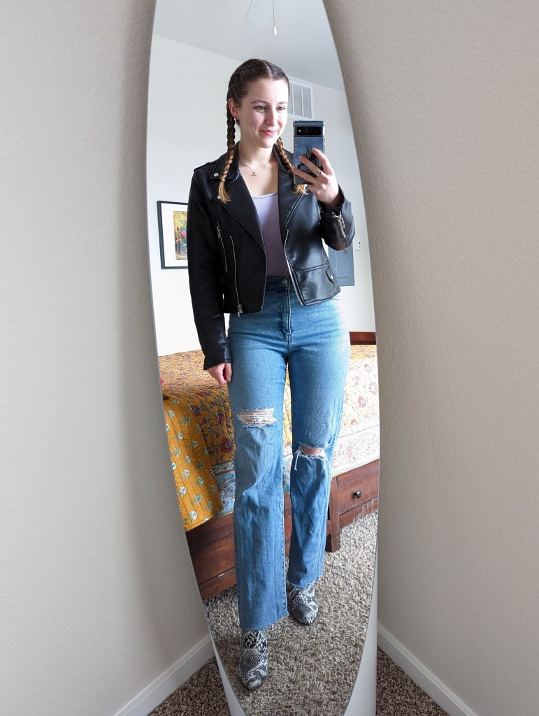 lavender-bodysuit-black-leather-jacket-straight-leg-jeans-snakeskin-booties