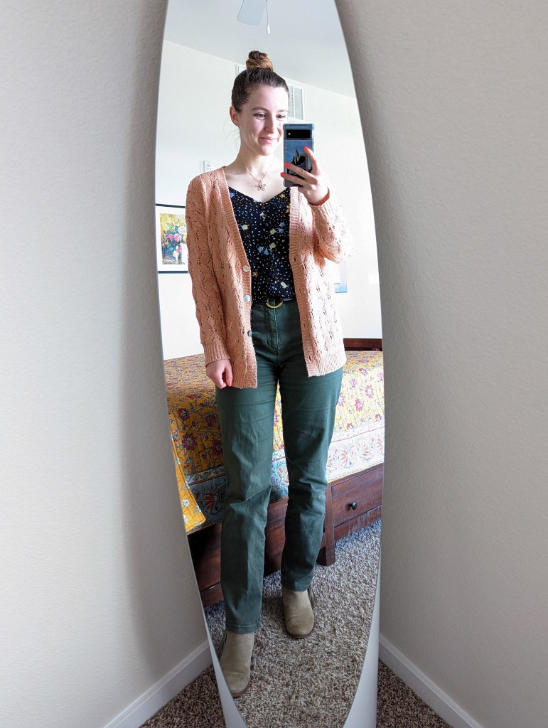 floral-blouse-cabi-clothing-salmon-colored-cardigan-olive-green-pants-taupe-booties