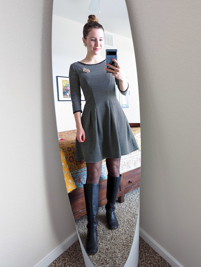 fit-and-flare-dress-nordstrom-rack-brooch-black-knee-boots-sheer-tights