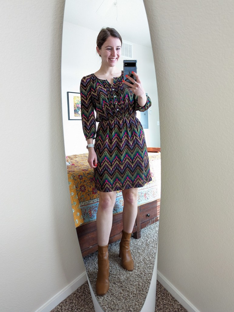 brown-chevron-print-dress-charming-charlie-brown-booties-express