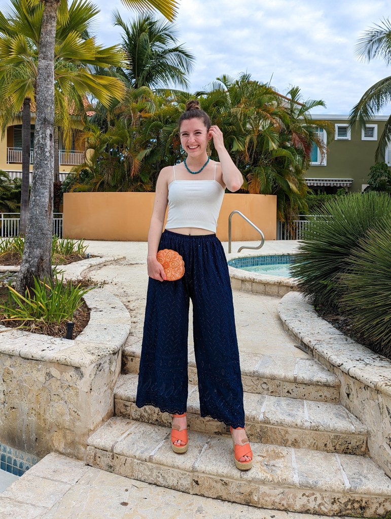 white-bungee-tank-american-eagle-navy-blue-pants-orange-purse-wedges