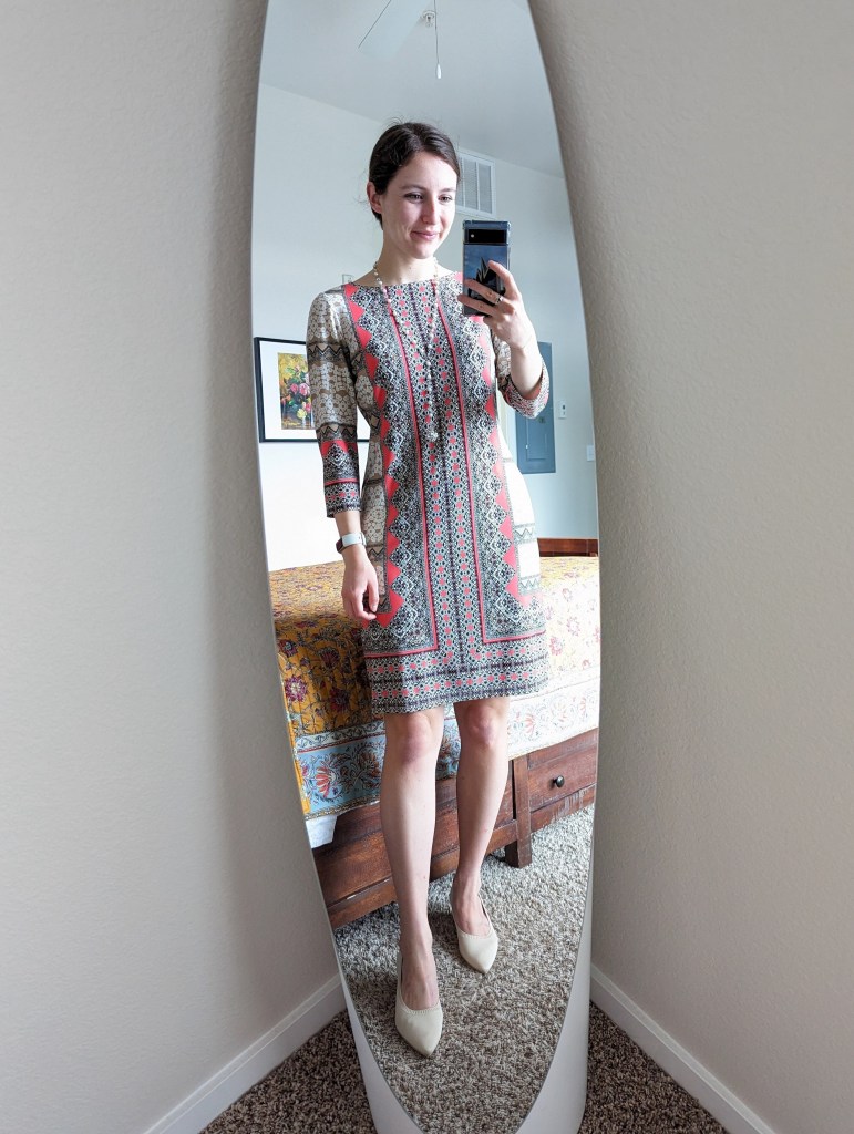 patterned-shift-dress-work-wear-vivaia-heels