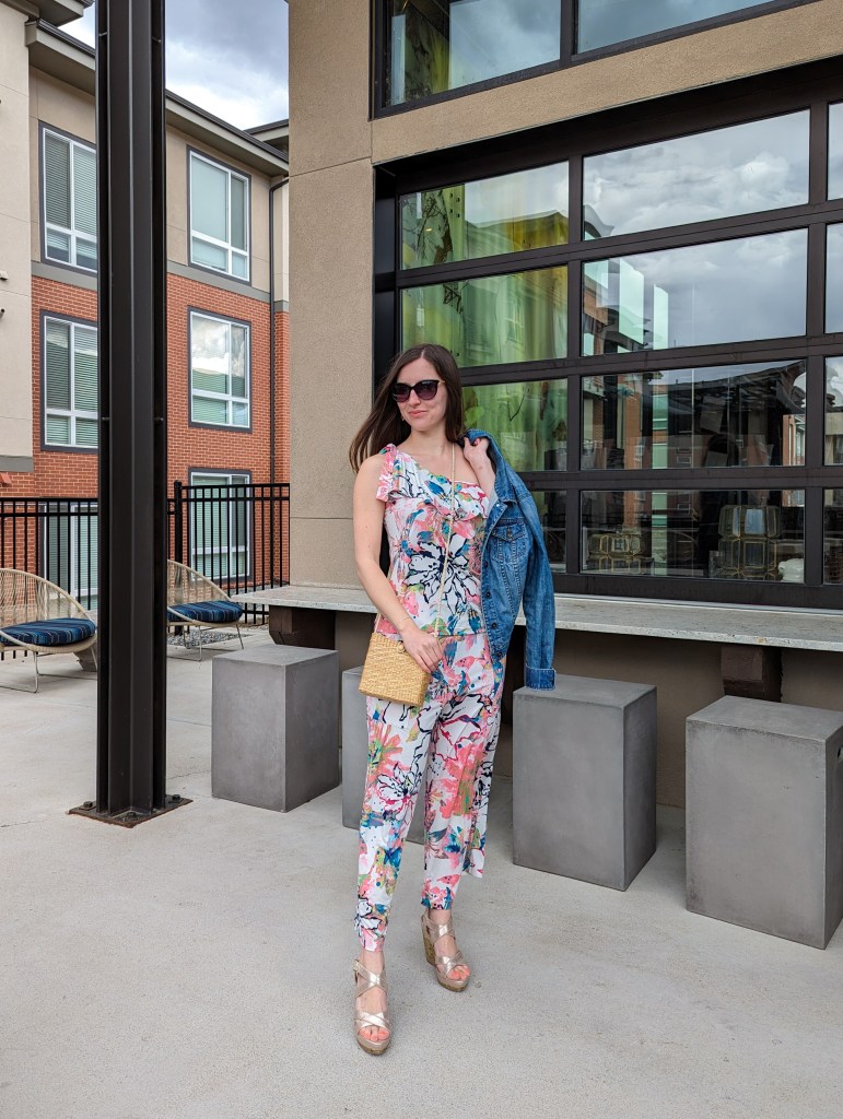 one-shoulder-matching-set-denim-jacket-tropical-outfit-gold-wedges