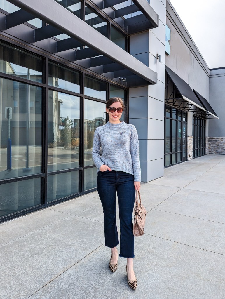 leopard-wedges-blue-sweater-sundance-cropped-flared-jeans