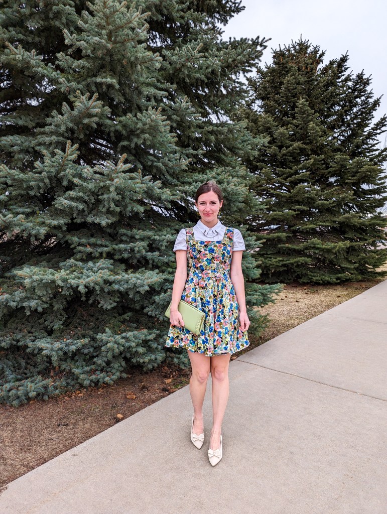 floral-dress-white-collared-shirt-nude-heels-vivaia-bow-shoes