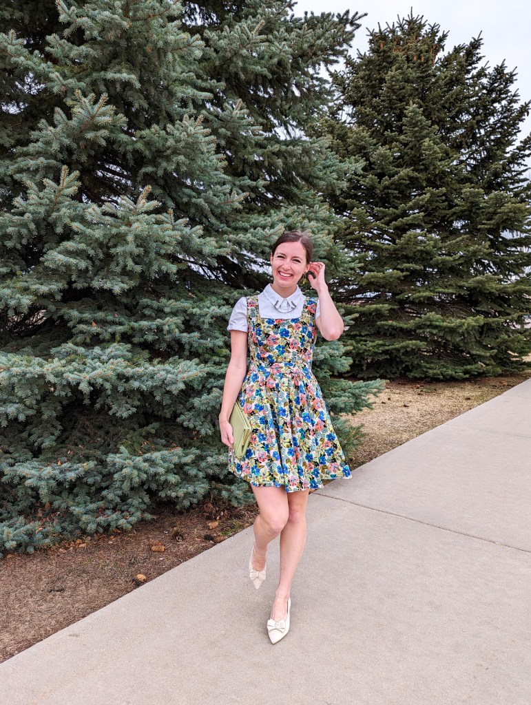 floral-dress-white-collared-shirt-nude-bow-heels-vivaia
