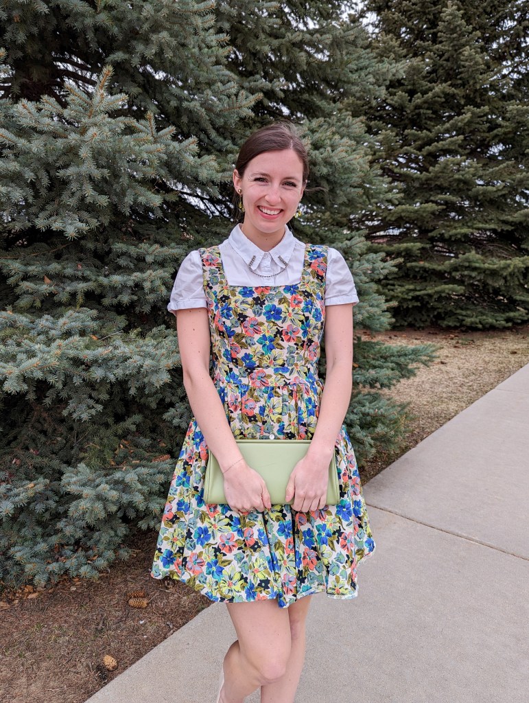 fit-and-flare-dress-florals-for-spring-layered-white-collar-shirt-collar-clips-vintage