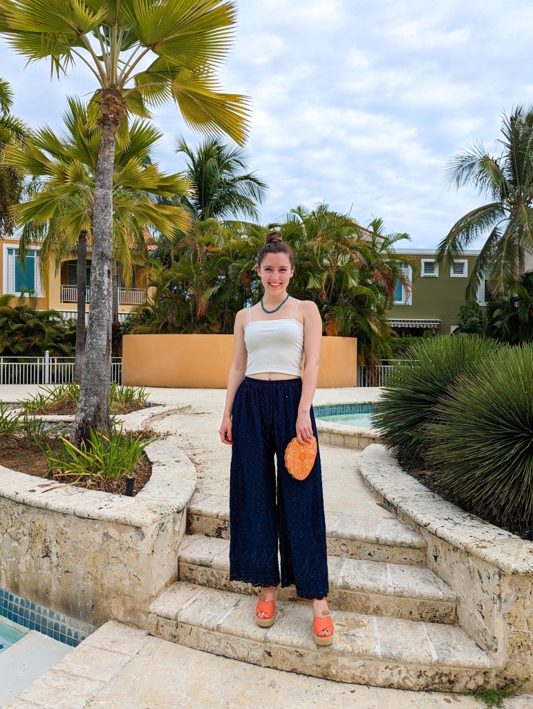 white-bungee-tank-navy-blue-palazzo-pants-orange-shoes