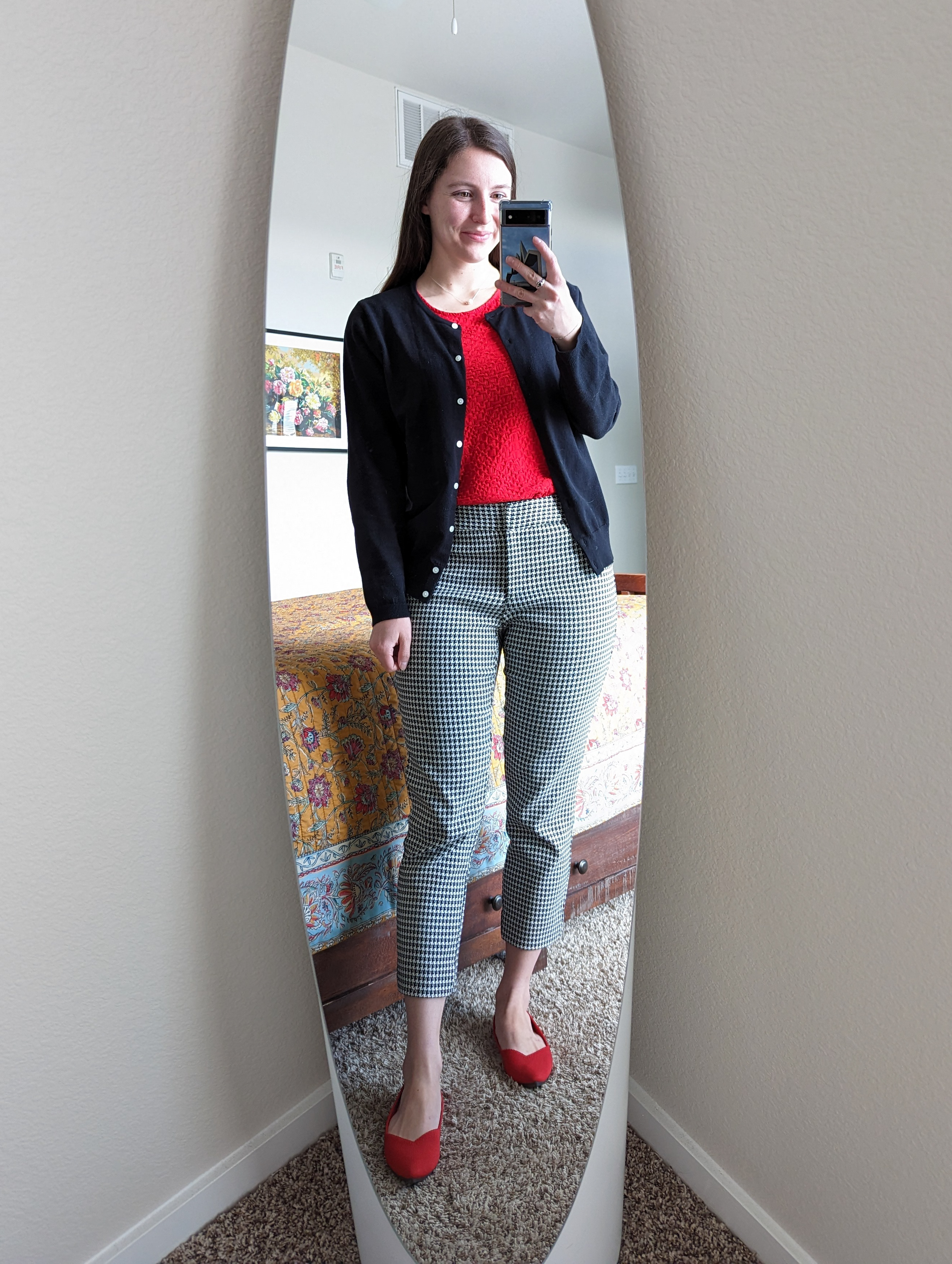 red-top-black-cardigan-houndstooth-pants-work-outfit