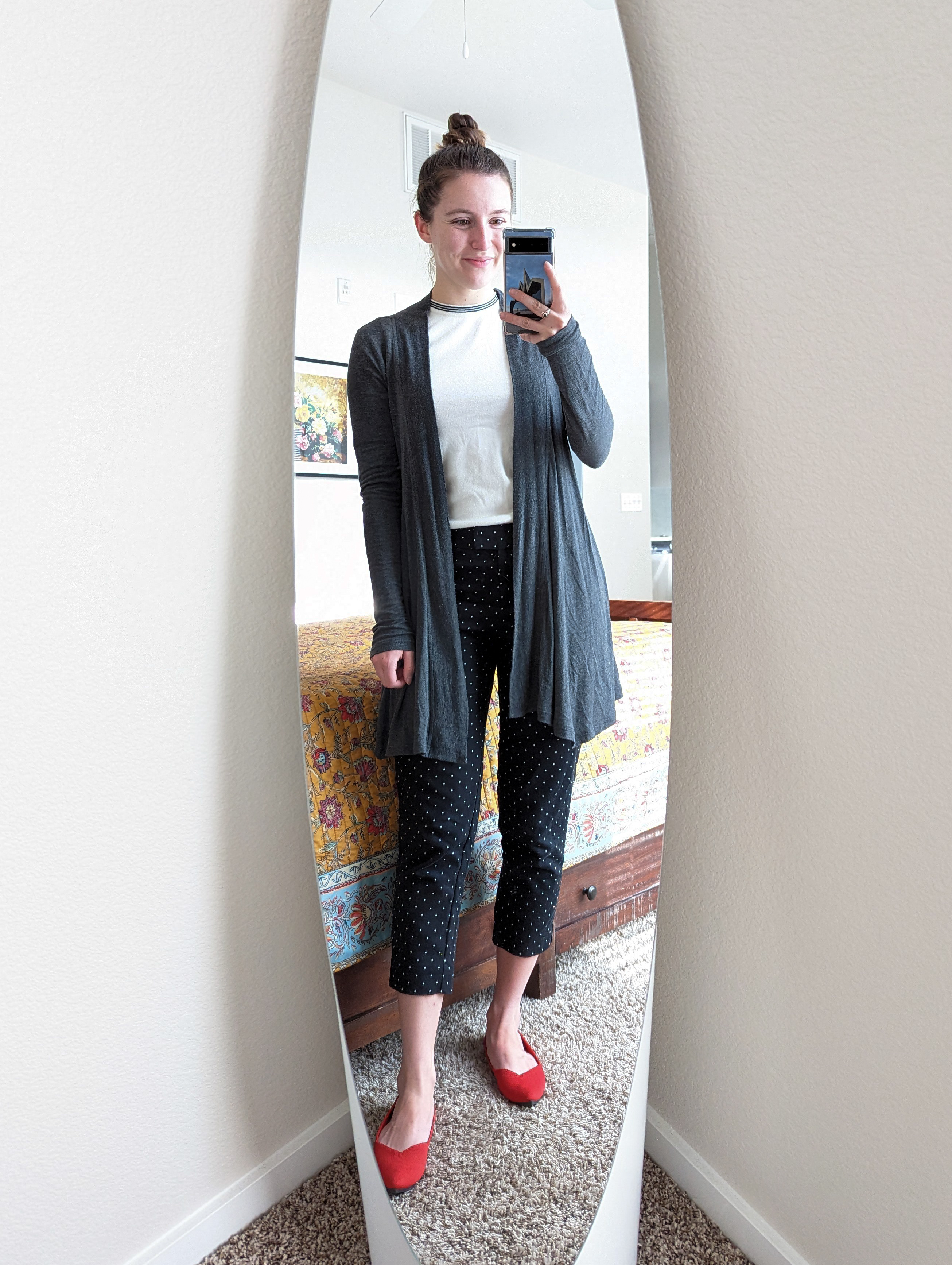 white-sweater-grey-cardigan-polka-dot-trousers-red-rothys