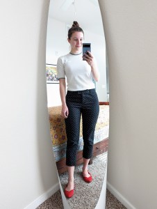 red-rothys-work-outfit-white-sweater-polka-dot-trousers