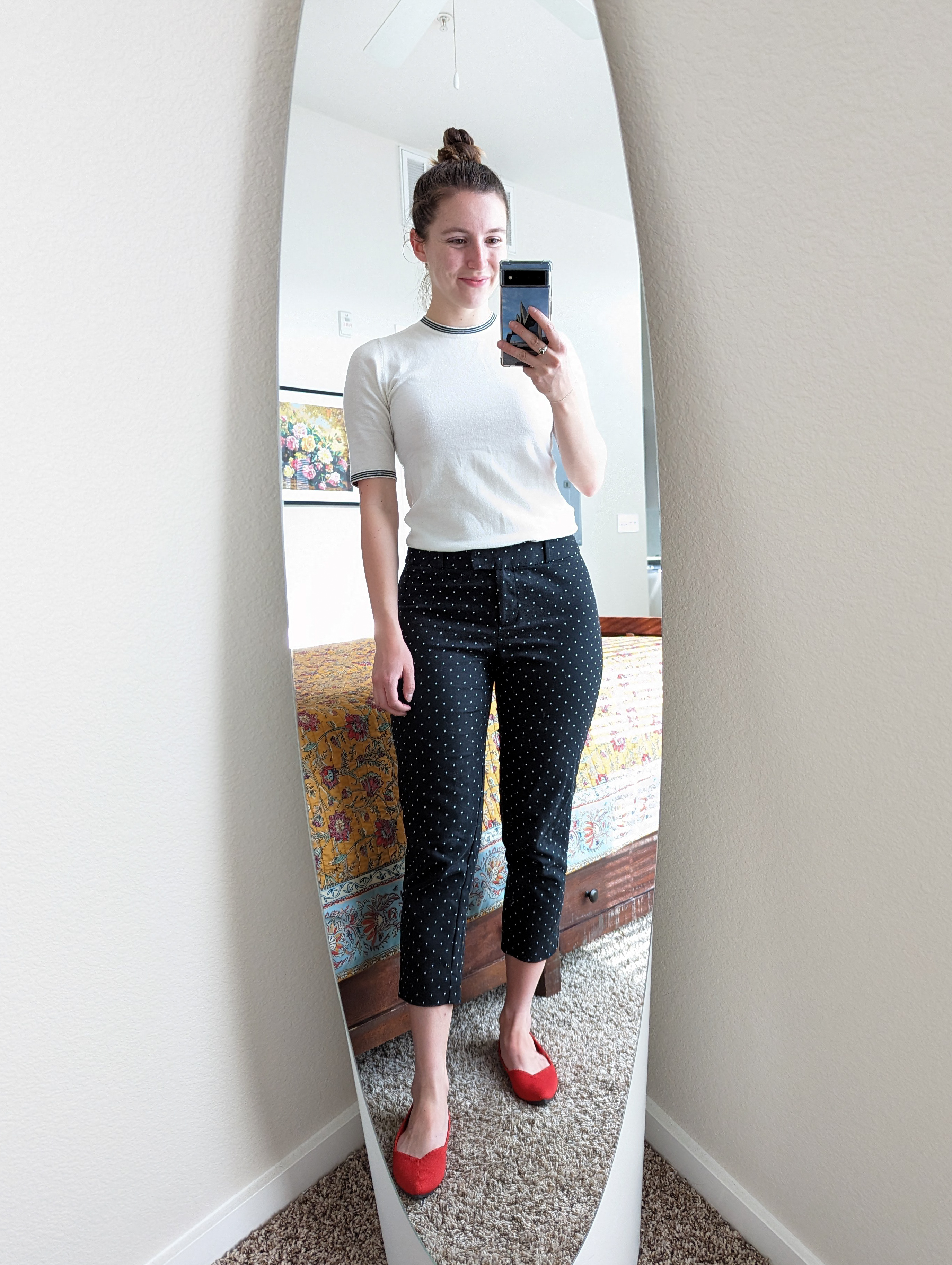 red-rothys-work-outfit-white-sweater-polka-dot-trousers