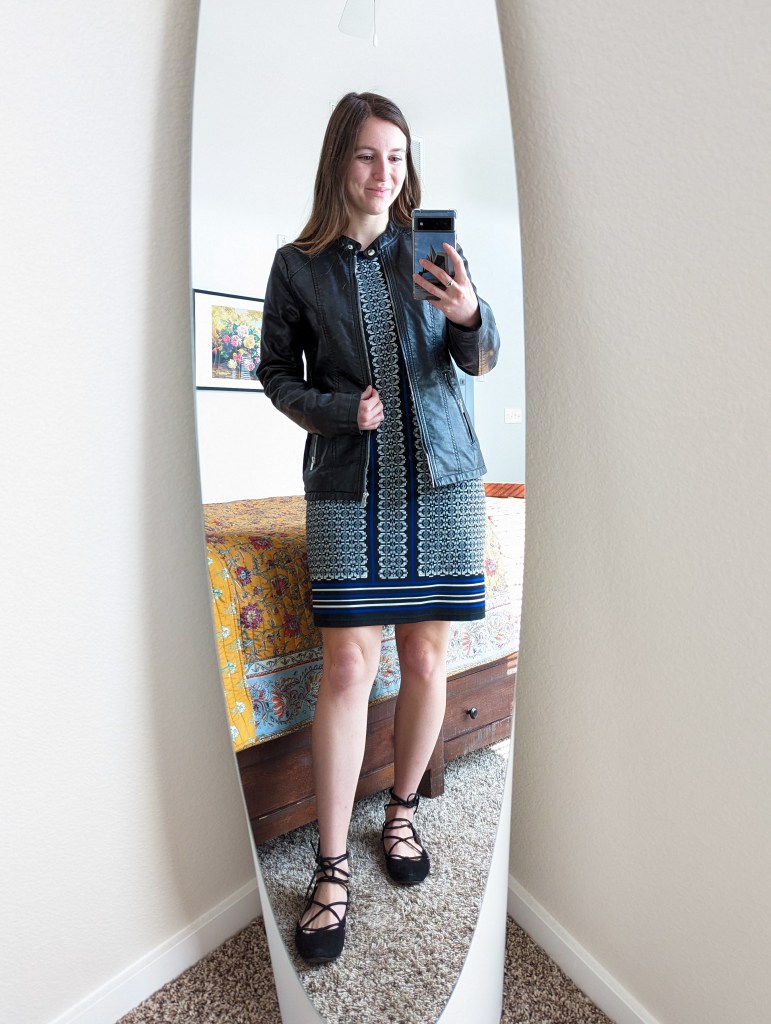 patterned-shift-dress-work-outfit-leather-jacket-lace-up-flats