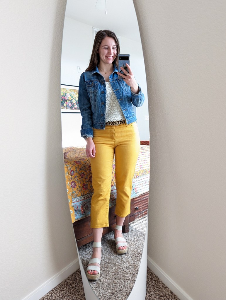 crochet-tank-denim-jacket-yellow-pants-white-espadrilles