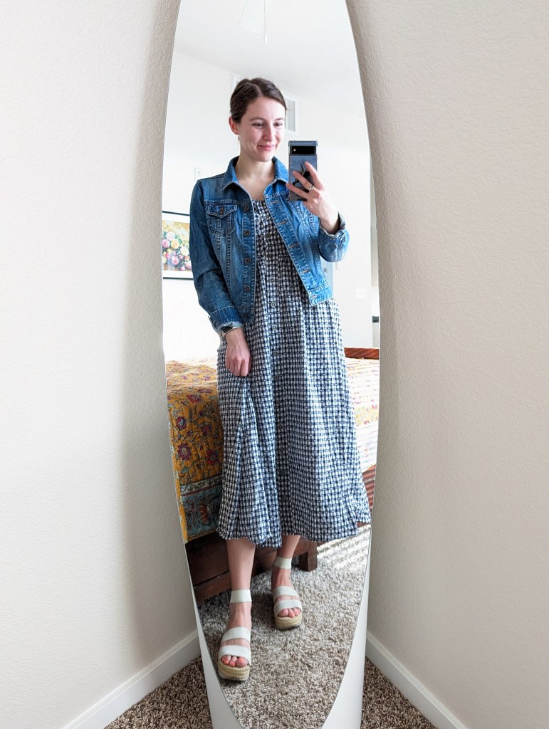 gingham-dress-thrifted-denim-jacket-white-espadrilles-summer-outfit
