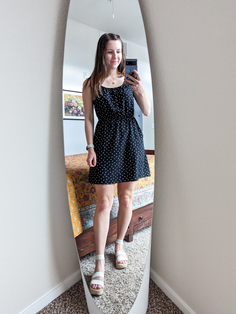 black-white-polka-dot-dress-white-sandals-dsw