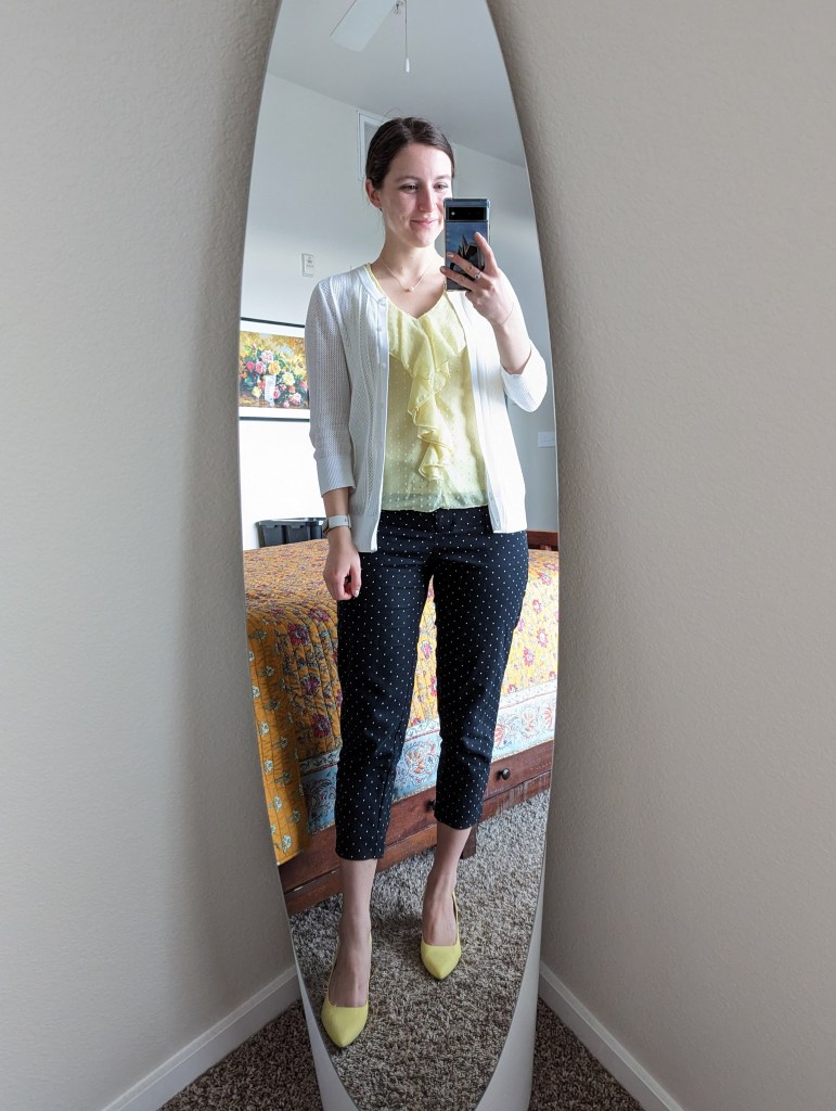 spring-work-outfit-polka-dot-trousers-yellow-blouse