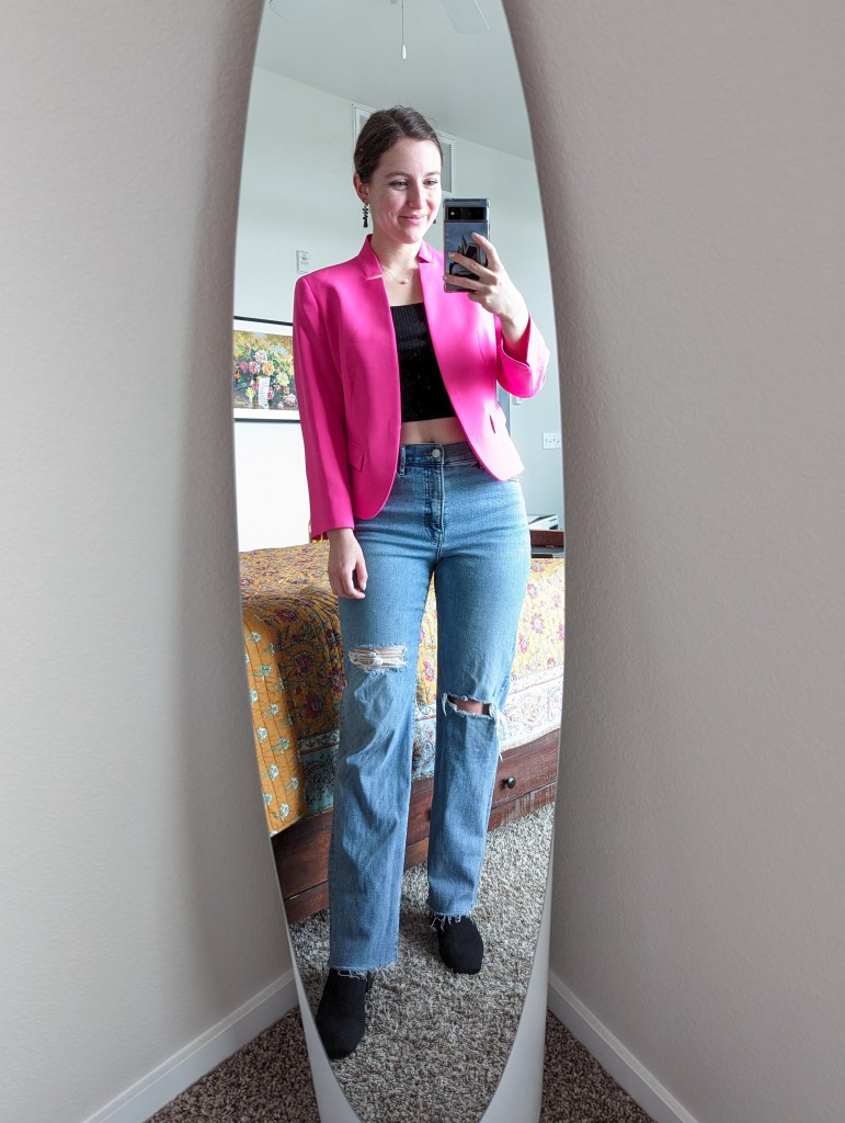 black-crop-top-hot-pink-blazer-straight-leg-jeans-black-vivaia-booties