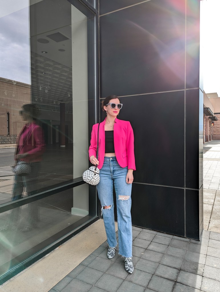 hot-pink-blazer-straight-leg-jeans-polka-dot-tea-kettle-purse