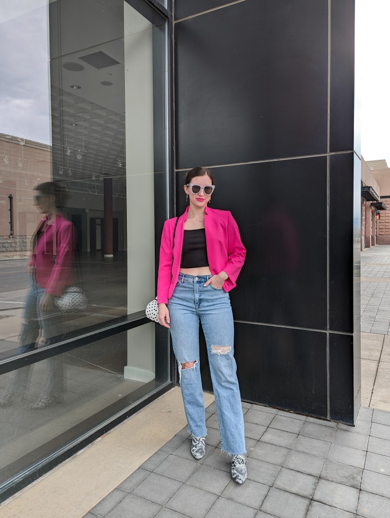 snakeskin-booties-thrifted-pink-blazer-black-crop-top