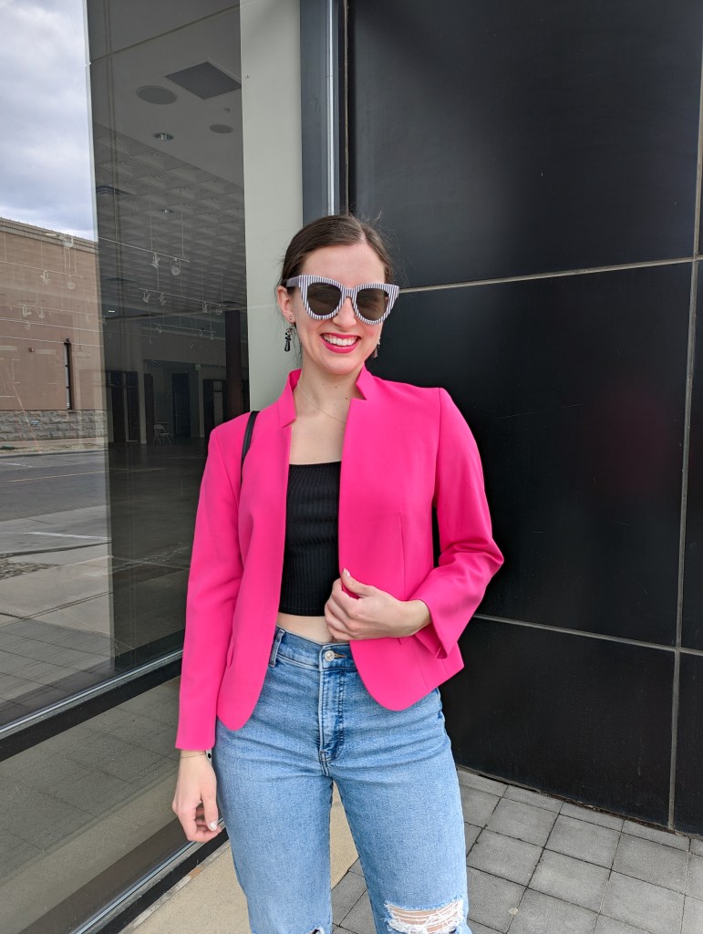 hot-pink-colorblocking-jcpenney-H&M-clip-on-earrings-striped-sunglasses