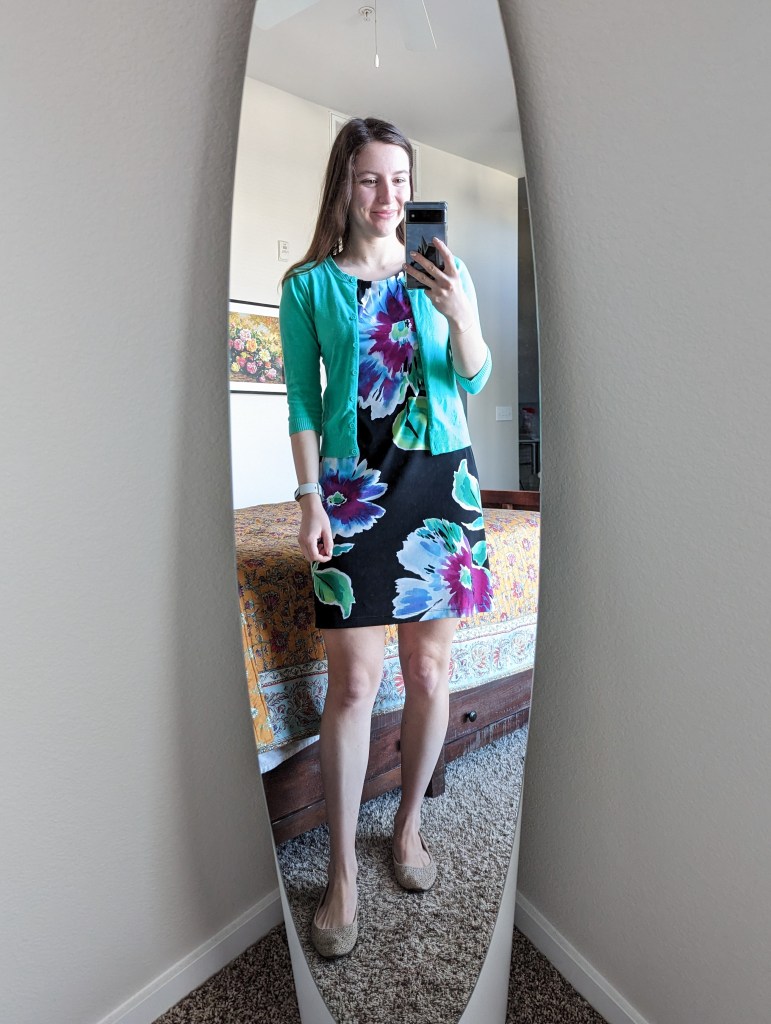 floral-dress-costco-green-cardigan-workwear-post-grad
