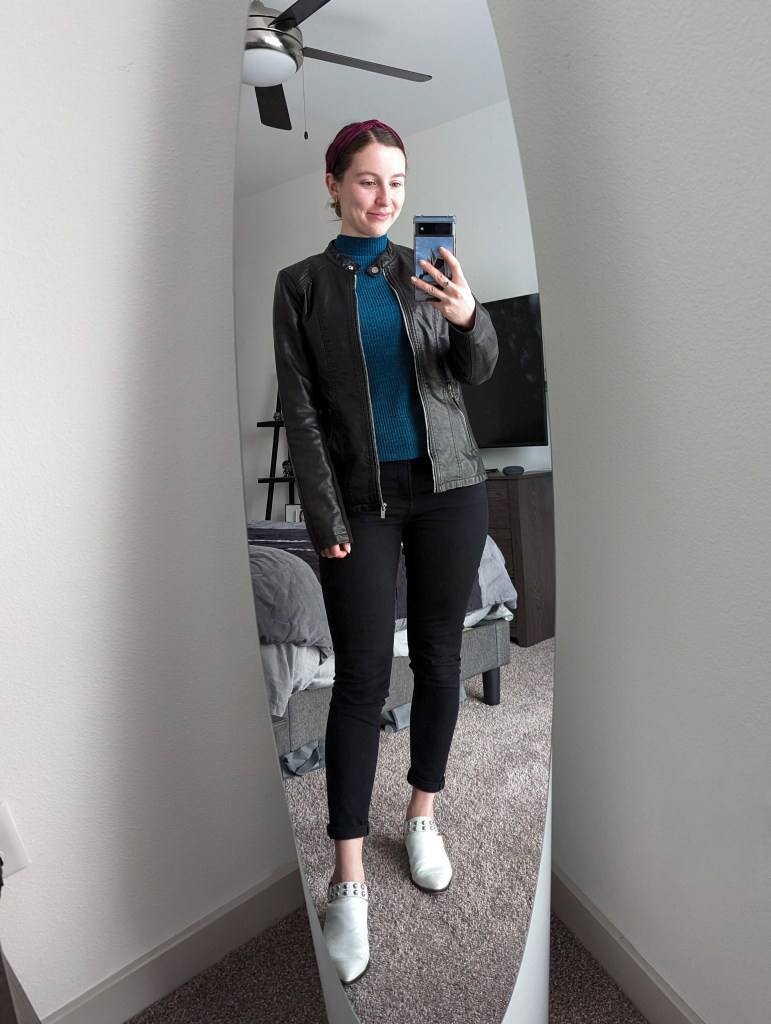teal-mock-neck-top-black-leather-jacket-white-mules