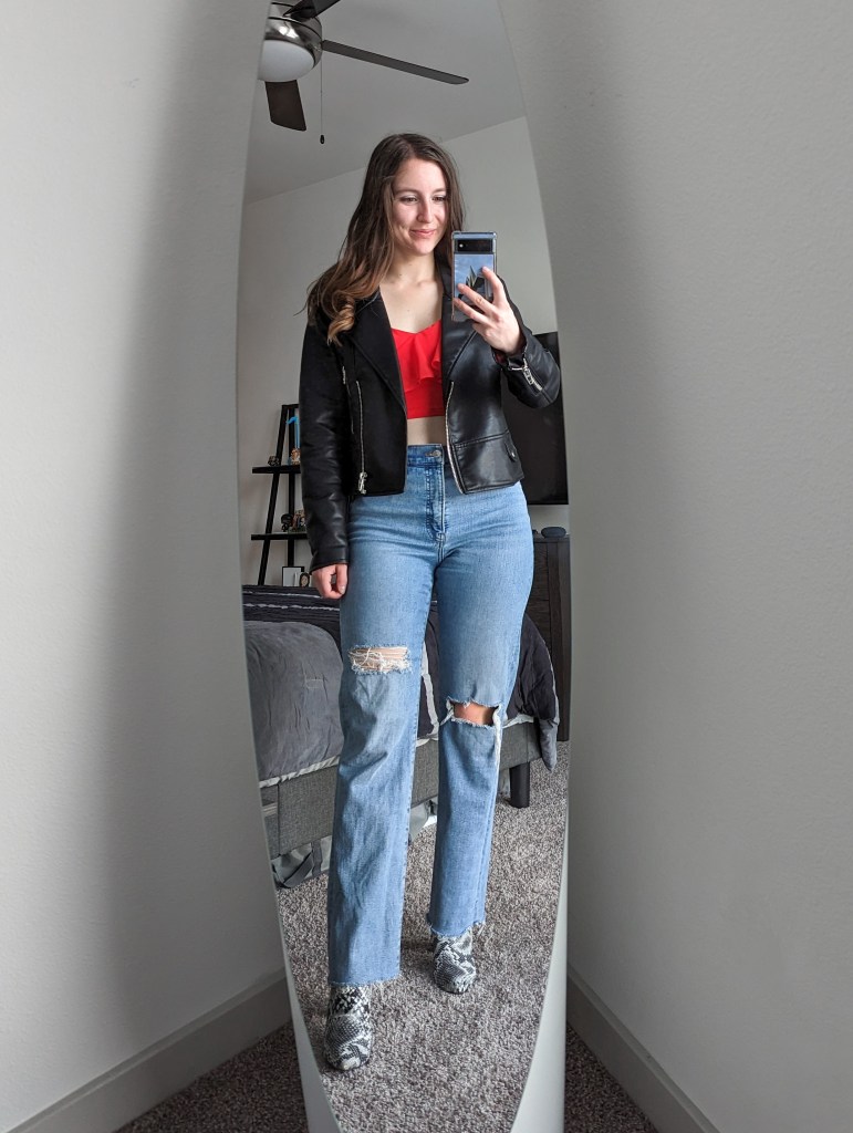 red-crop-top-leather-jacket-ripped-straight-leg-jeans-snakeskin-booties-karoake-outfit