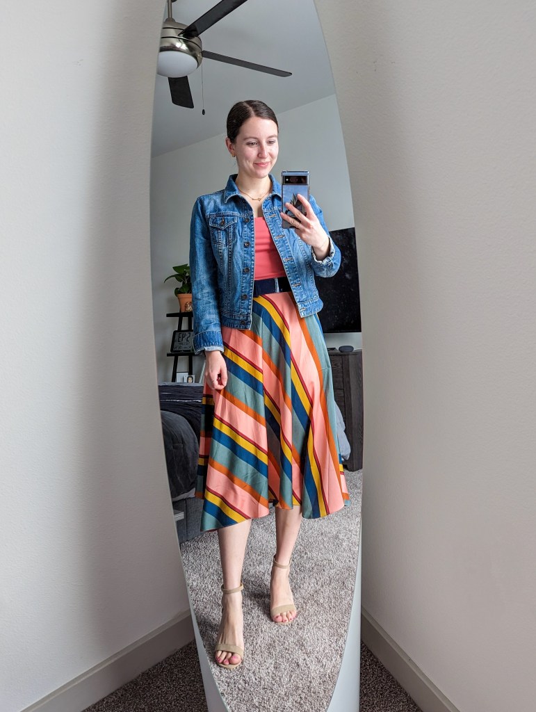 striped-midi-skirt-denim-jacket-rose-bodysuit-cavenders