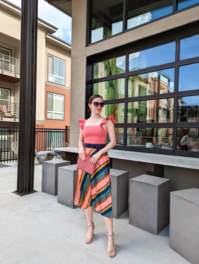 cavenders-rose-colored-bodysuit-ruffle-sleeves-striped-skirt