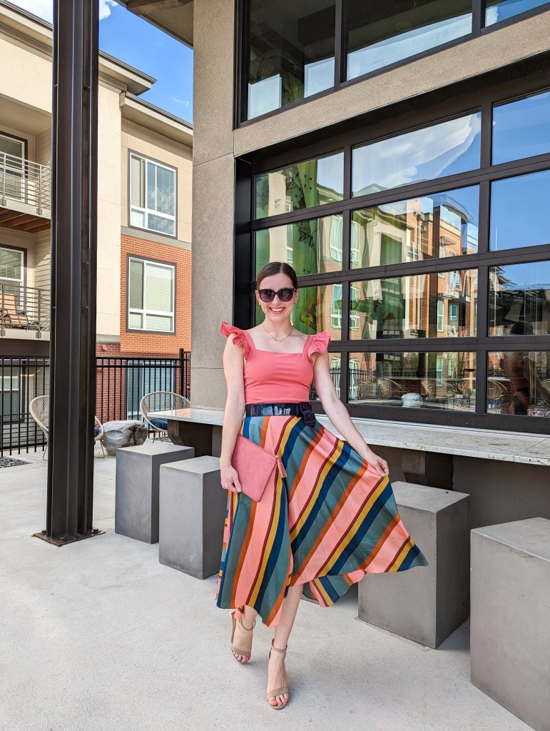 ruffle-bodysuit-striped-skirt-navy-belt-nude-heels-loft-sunglasses