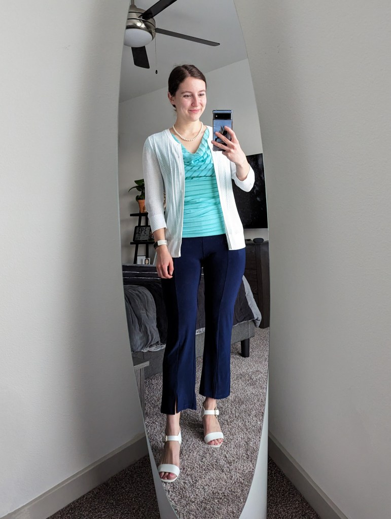 teal-blouse-white-cardigan-navy-pants-clara-sunwoo-white-heels