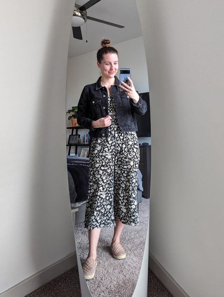 floral-jumpsuit-francescas-black-denim-jacket-blush-sneakers