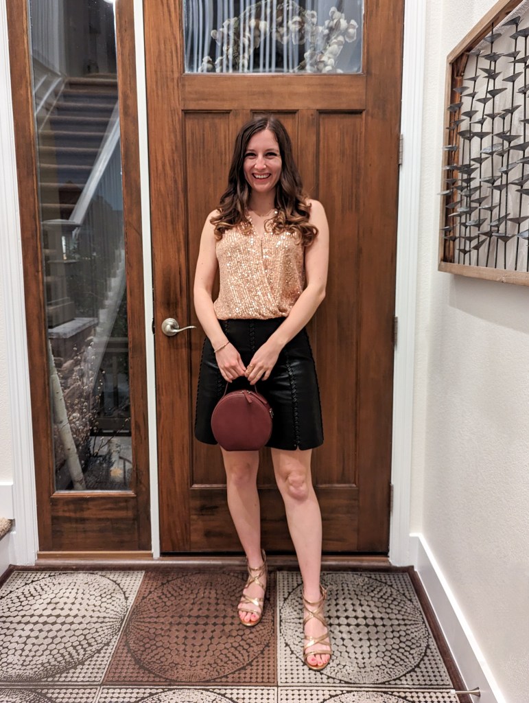rose-gold-sequin-blouse-black-leather-skirt-rose-gold-heels-maroon-purse