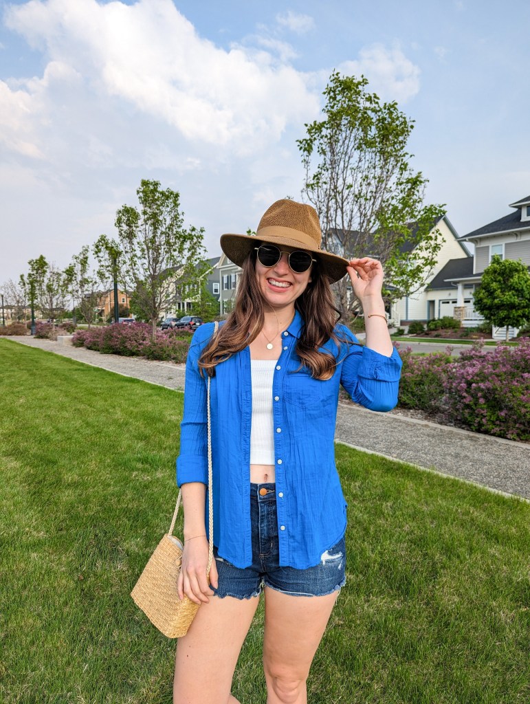 panama-hat-blue-button-down-white-crop-top-shop-lc-purse