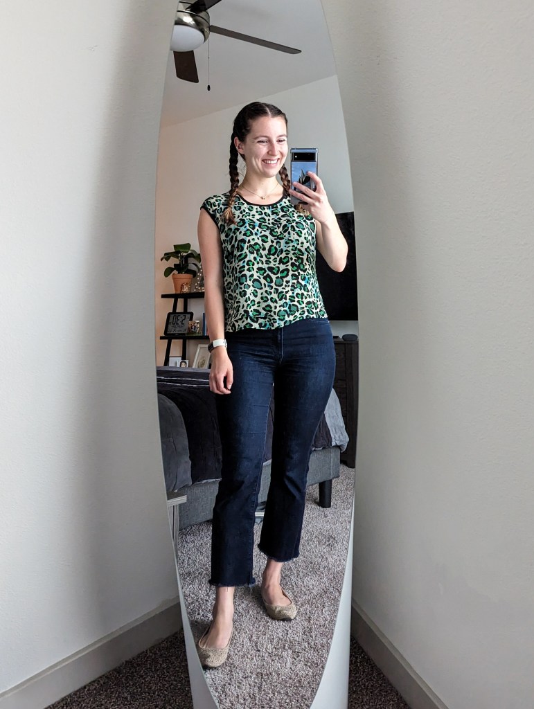 green-leopard-blouse-cabi-clothing-cropped-flared-jeans-express-beige-flats