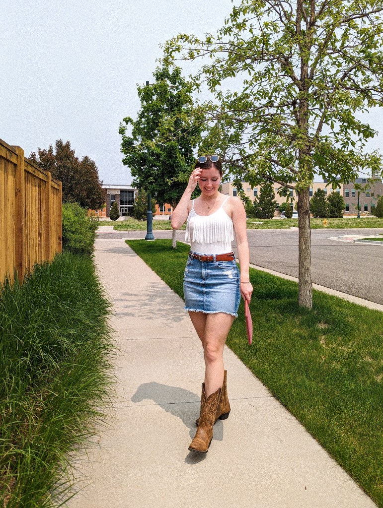 brown-accessories-country-girl-cowgirl-boots-fringe-denim-skirt
