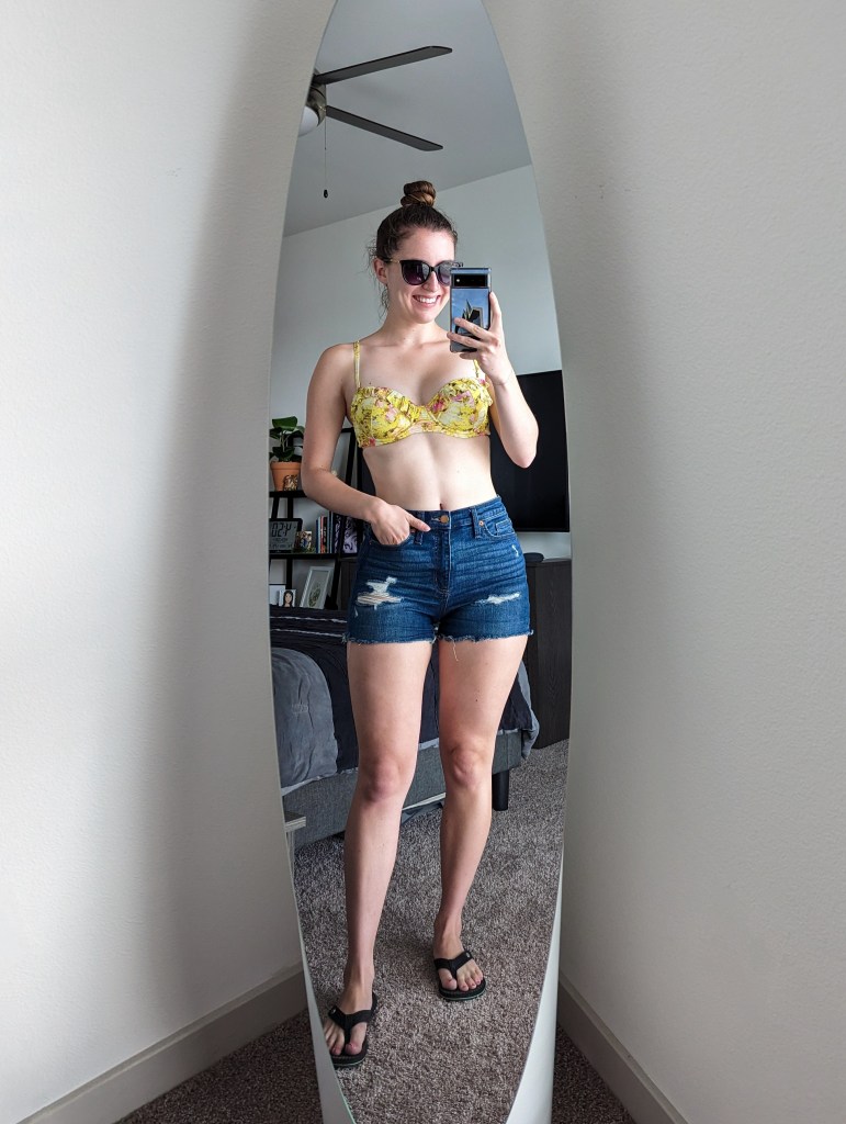 memorial-day-pool-ted-baker-swimsuit-yellow-bikini-denim-shorts