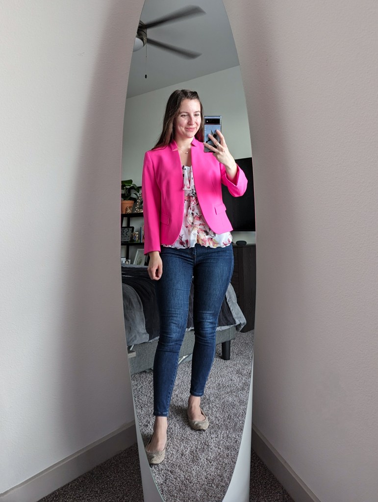 hot-pink-blazer-floral-ruffle-blouse-skinny-jeans-beige-flats
