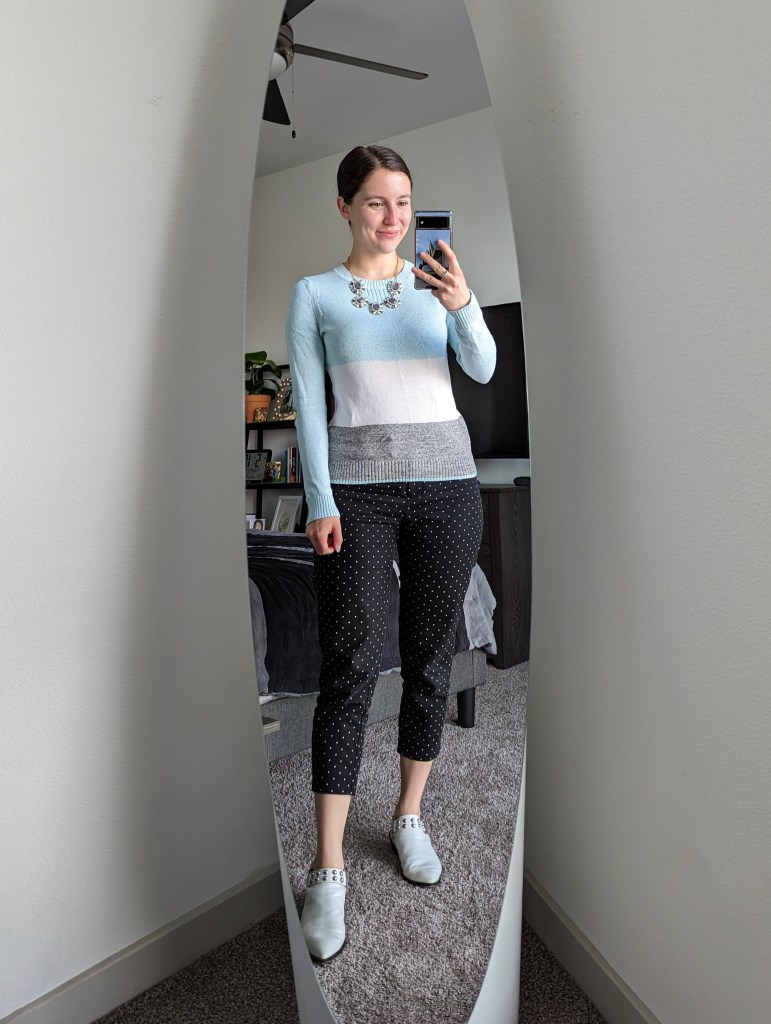 striped-sweater-gap-polka-dot-trousers-work-outfit-white-mules