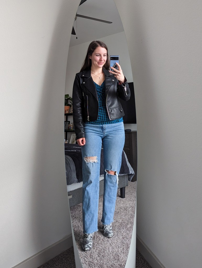 teal-houndstooth-top-black-leather-jacket-ripped-straight-leg-jeans-snakeskin-booties