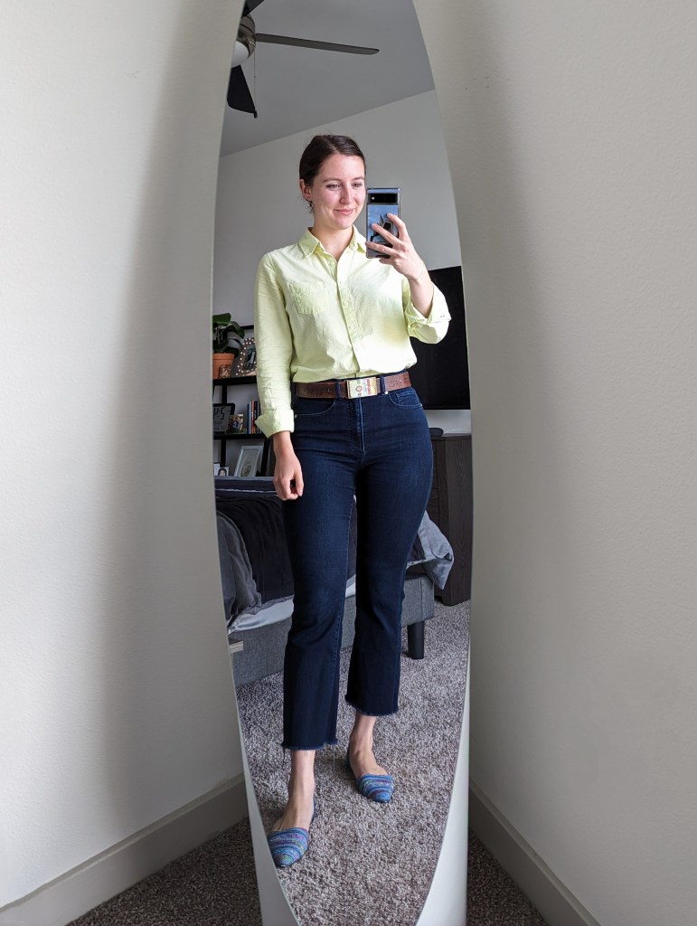 lime-green-collared-shirt-cropped-flared-jeans-express-belt-buckle-jcrew-flats