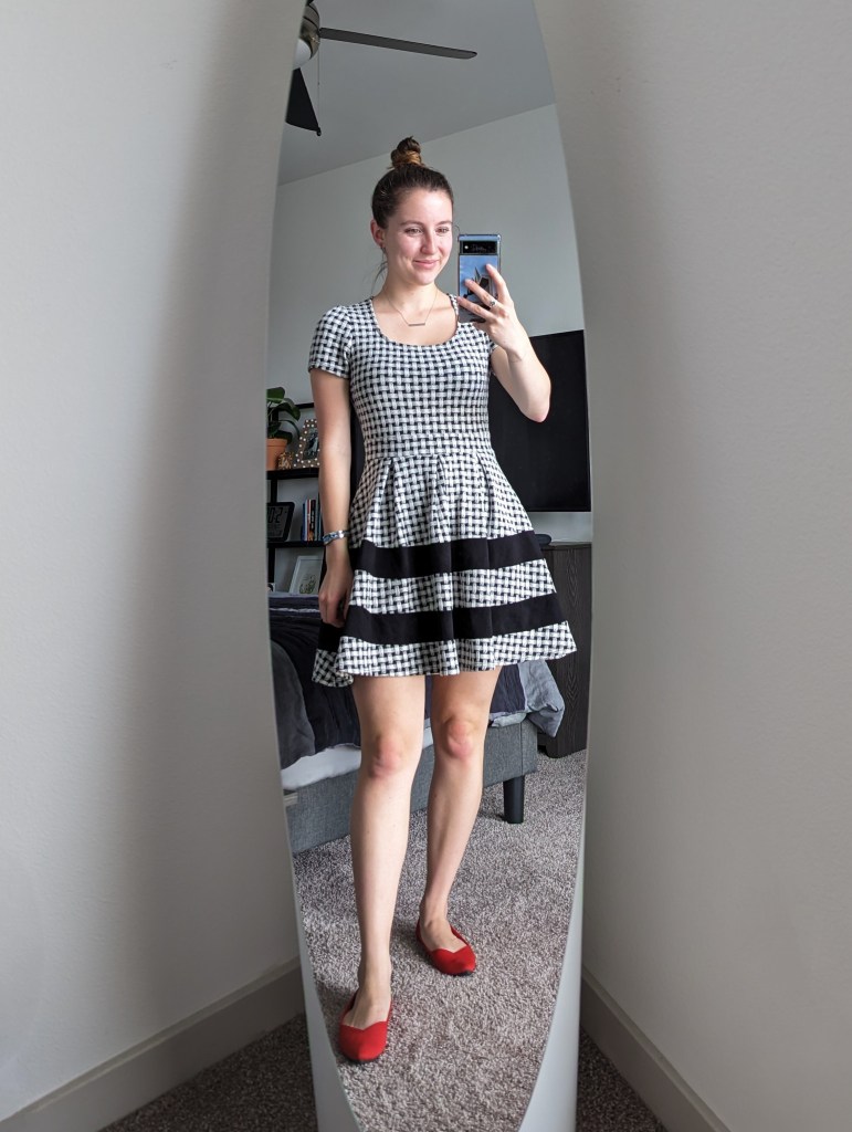 black-white-gingham-dress-stripes-fit-and-flare-red-flats-rothys