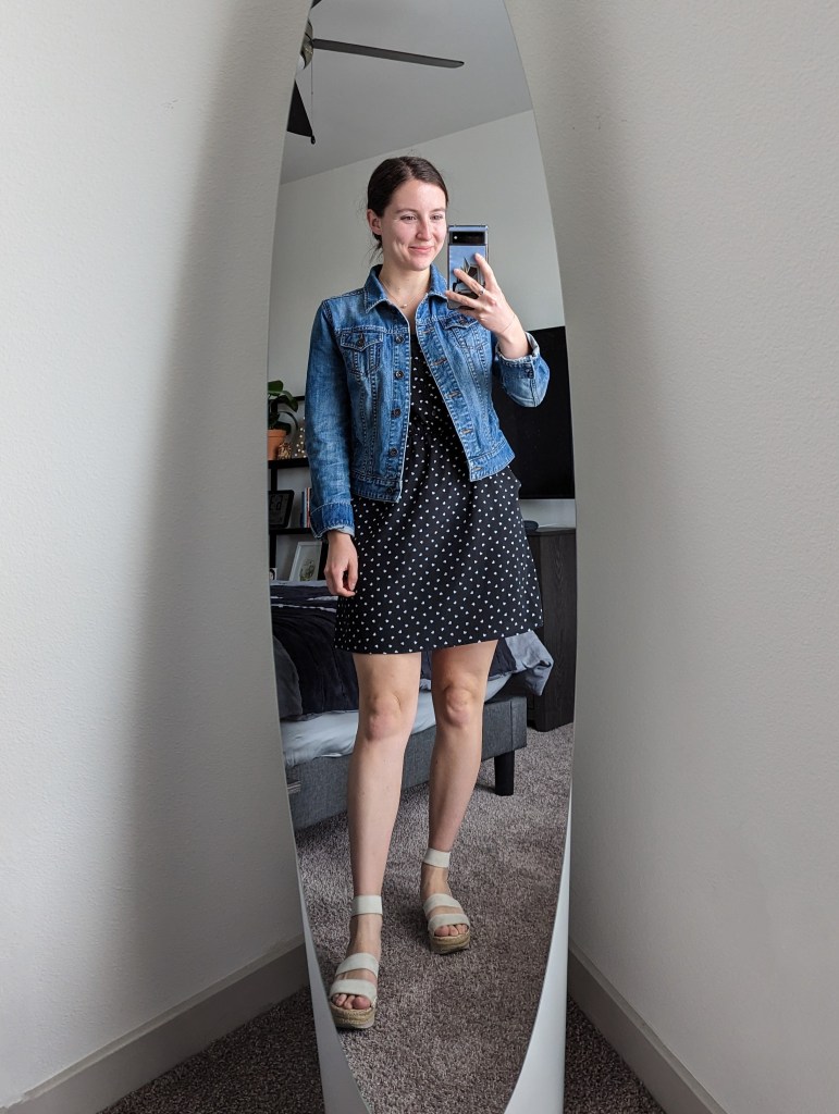 denim-jacket-black-polka-dot-white-espadrille-sandals